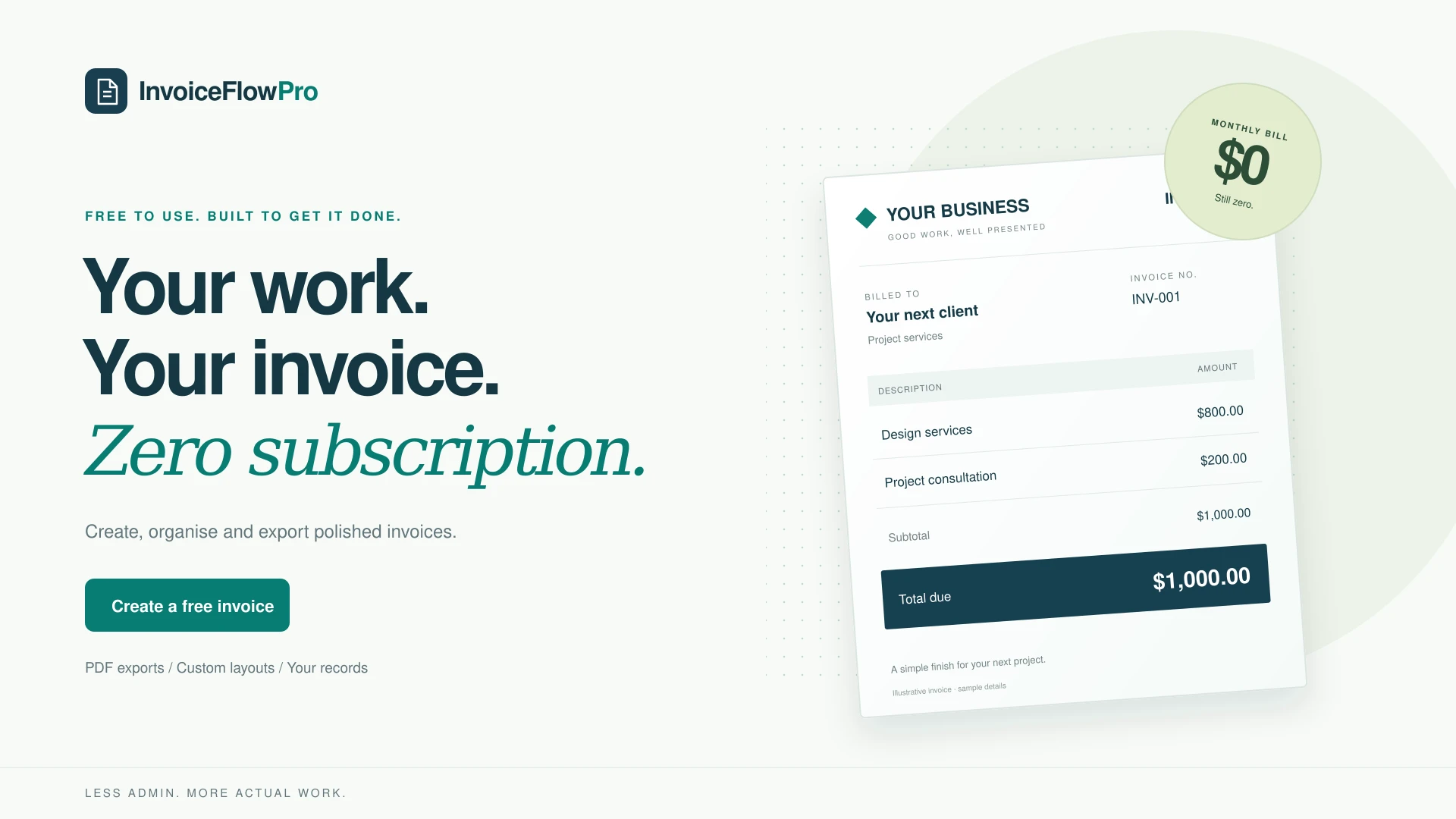 InvoiceFlow Pro project artwork with a sample invoice, a zero-cost badge and teal branding
